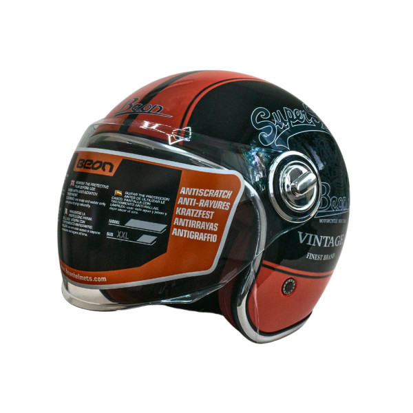 Мотошолом відкритий Beon B-108A ABS SUPER SPORT SHINY BLACK/ORANGE (глянець чорний/помаранчевий), розмір XXL
