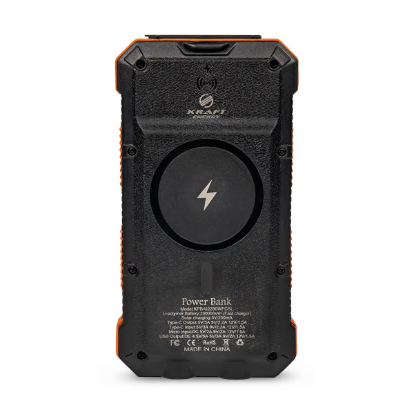Повербанк з сонячною панеллю 20000mAh Power Bank Kraft KPB-U2230WFCSL Orange бездротова зарядка LED-ліхтар