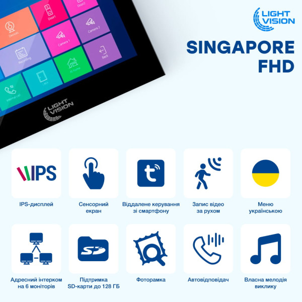Комплект відеодомофона Light Vision: домофон 7" SINGAPORE (AI) FHD Black та відеопанель RIO FHD Black