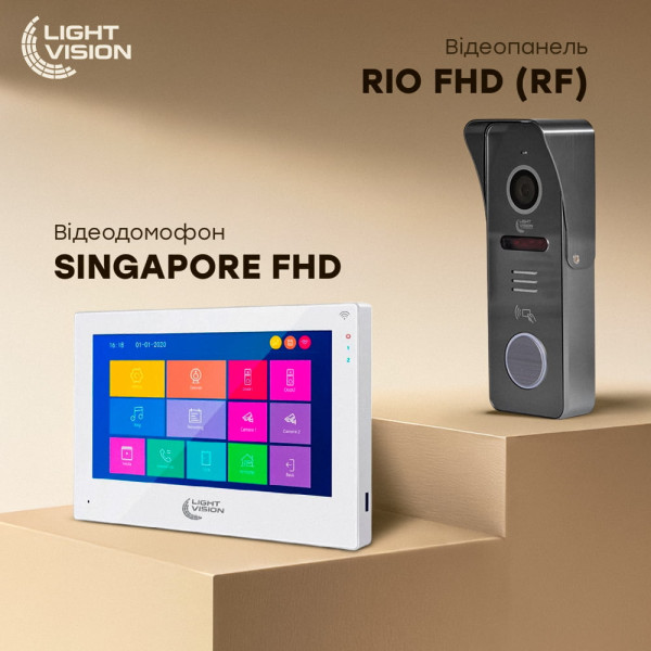 Комплект відеодомофона Light Vision: домофон 7" SINGAPORE (AI) FHD White та відеопанель RIO FHD Grey