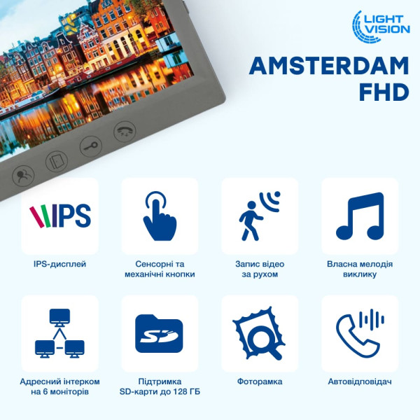 Комплект відеодомофона Light Vision: відеодомофон 7" AMSTERDAM FHD Grey та відеопанель 2Mp White