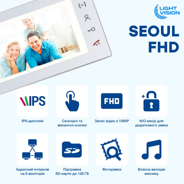 Комплект відеодомофона Light Vision: відеодомофон 7" SEOUL та відеопанель 2Mp White