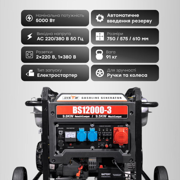 Генератор бензиновий трифазний 9 кВт Bison BS12000-3