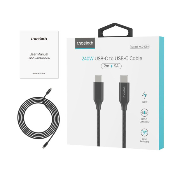 Кабель Choetech ХСС-1036 Black USB-C to USB-C PD3.1 240W 2m