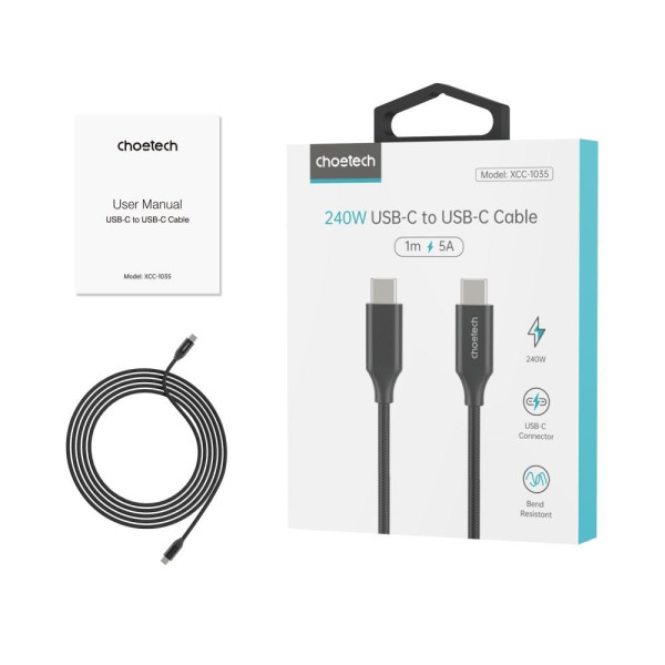 Кабель Choetech ХСС-1035 Black USB-C to USB-C PD3.1 240W 1m