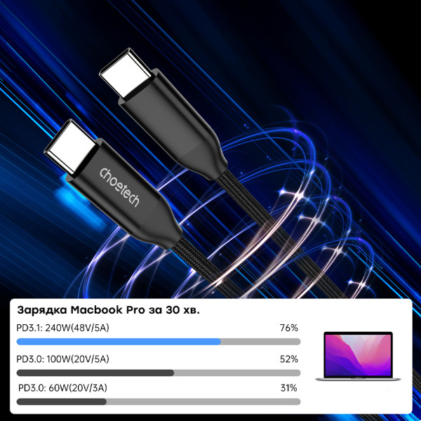 Кабель Choetech ХСС-1035 Black USB-C to USB-C PD3.1 240W 1m