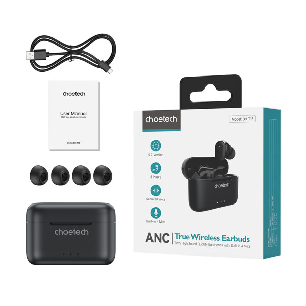 Бездротові навушники Choetech BH-T15 Black TWS, Bluetooth 5.2, ANC+ENC