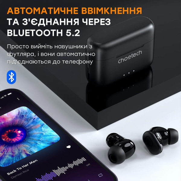 Бездротові навушники Choetech BH-T15 Black TWS, Bluetooth 5.2, ANC+ENC