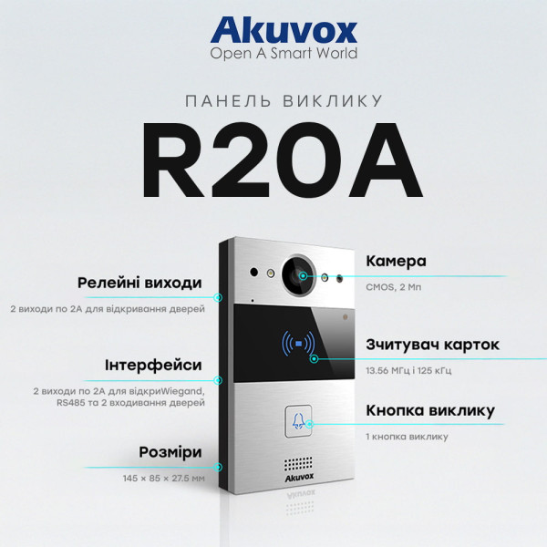 IP-відеопанель 2Mp Akuvox R20A SIP зі зчитувачем EM-Marine / Mifare / NFC