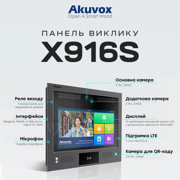 IP-відеопанель багатоабонентська 2Mp Akuvox X916S з екраном 13", розпізнаванням облич та зчитувачем EM-Marine / Mifare / NFC / BLE / QR
