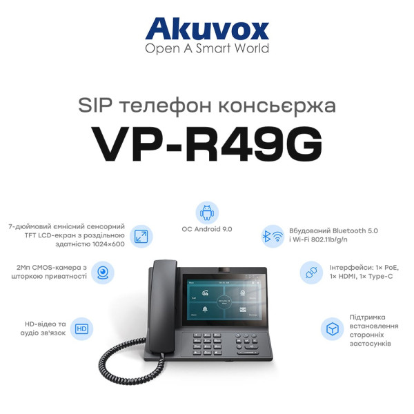 SIP-відеотелефон з WiFi 2Mp Akuvox VP-R49G на 2 SIP акаунти