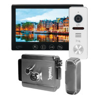 Комплект відеодомофона Light Vision з електрозамком: домофон 7" AMSTERDAM FHD Black, відеопанель 2Mp RIO FHD (RF) White зі зчитувачем Mifare, електромеханічний замок Trinix TRX Fass Steel