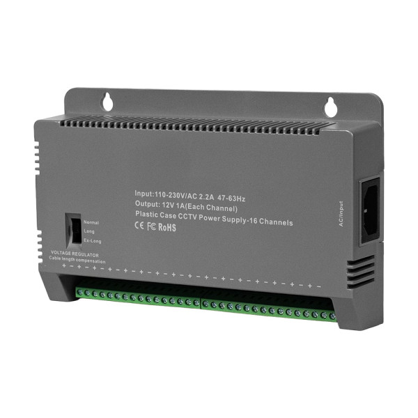 Блок живлення Kraft KRF-1216B (16CH) 200W, 16 каналів навантаження, 12V/1A на 1 канал, з регулятором напруги для компенсації довжини кабелю