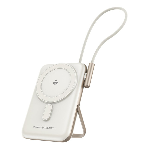 Повербанк 10000mAh Choetech B735 White QC3.0 PD3.0 бездротова магнітна зарядка, вбудований кабель, підставка
