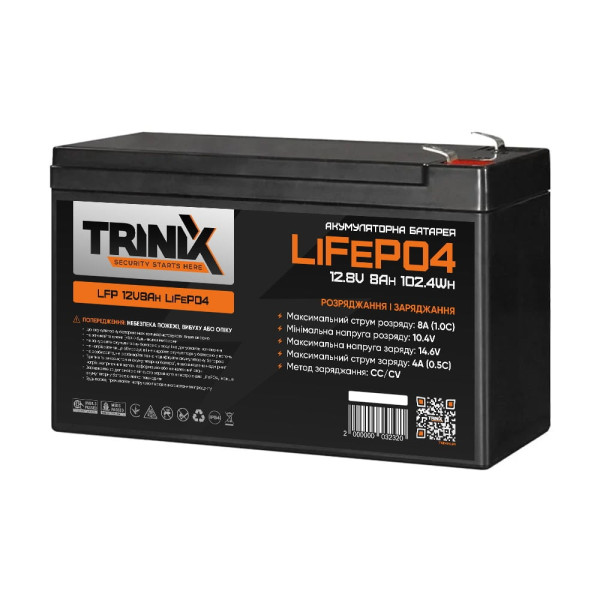 Комплект резервного живлення Trinix: джерело безперебійного живлення PSU-1203LED(P) LiFePO4 і акумуляторна батарея LFP 12V8Ah LiFePO4