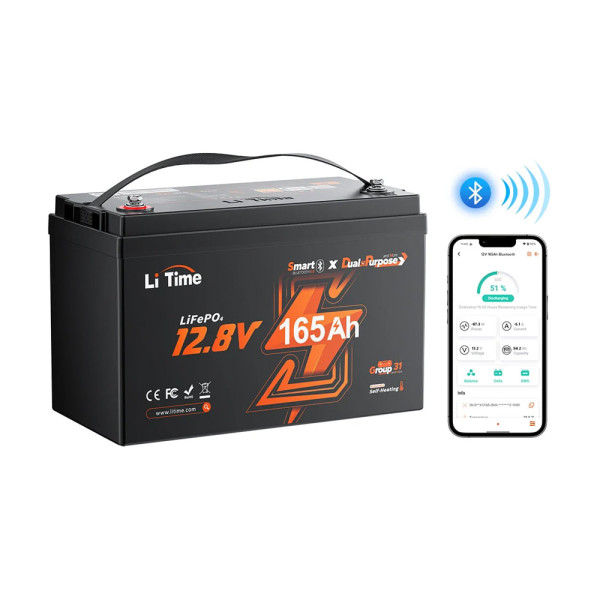 Акумуляторна батарея літій-залізо-фосфатна з Bluetooth та підігрівом стартерна / тягова 12.8В 165А*год LiFePO4 LiTime Dual Purpose L12V165-150-DP-BT-CCA1K2-4-A100