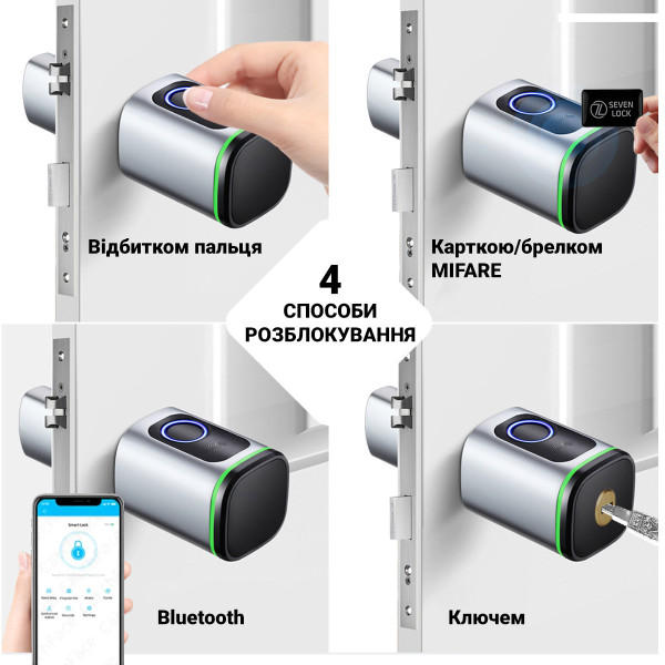 Умный дверной биометрический замок (цилиндр) SEVEN LOCK SL-7773BF silver